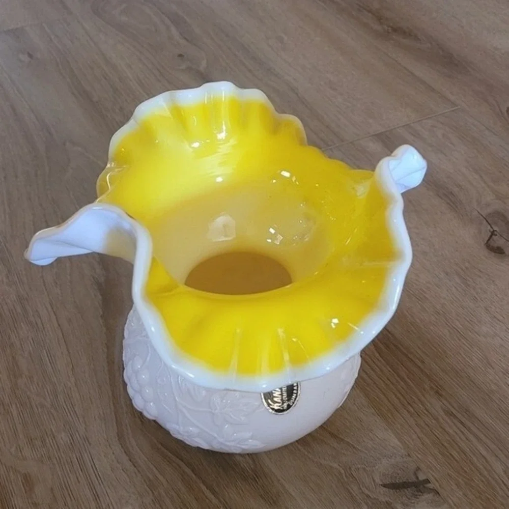 Kanawha Milk Glass Vase Yellow Ruffled Rim Grape Embossed Handcrafted WV Vintage